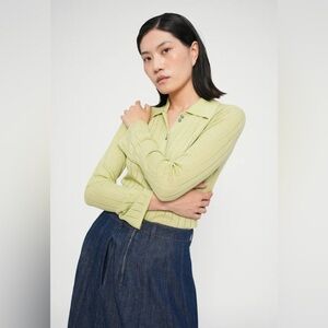 VITAE | Y2K Light Green Rib Knit Eyelet Button-Down Ruffled Cardigan